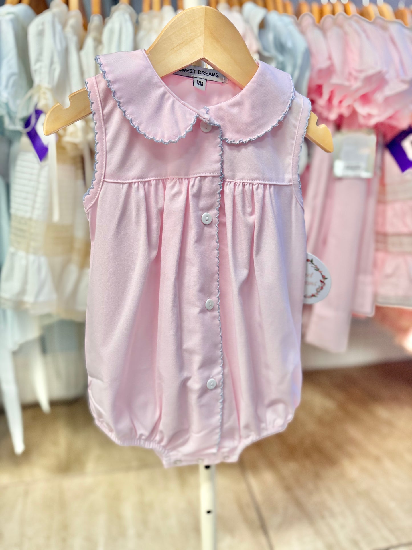Pink Bubble with Blue Picot Trim
