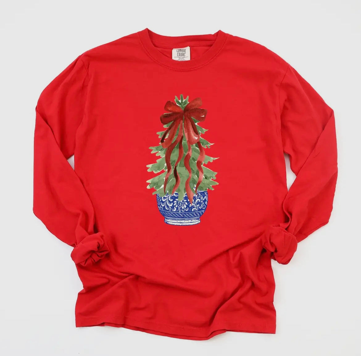 Red Chinoiserie Christmas Tree Long Sleeve Tee