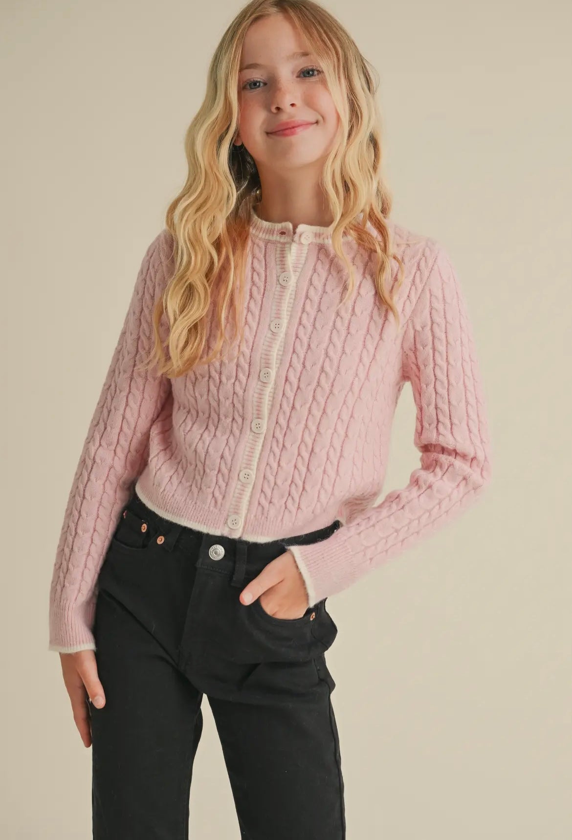 Light Pink Cable Knot Cropped Cardigan