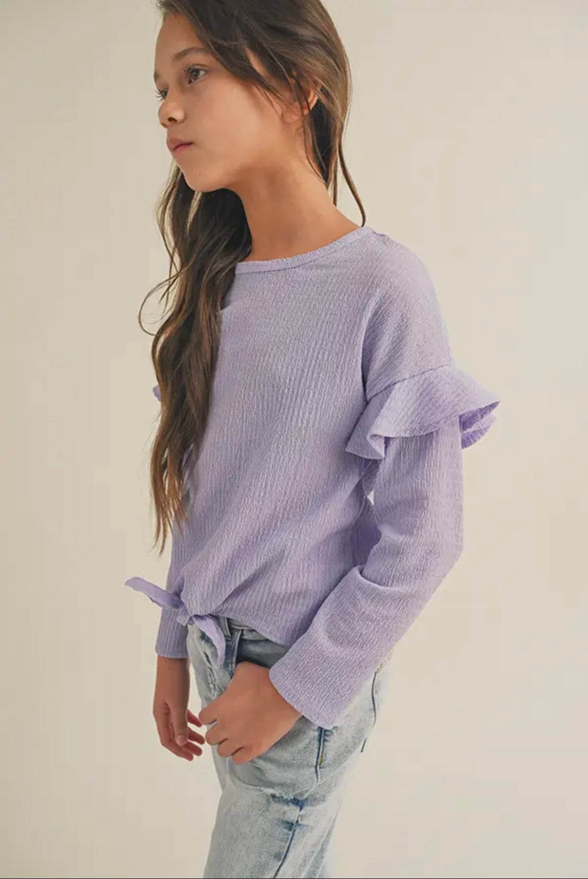 Lavender Long Sleeve Ruffle Tie Front Top