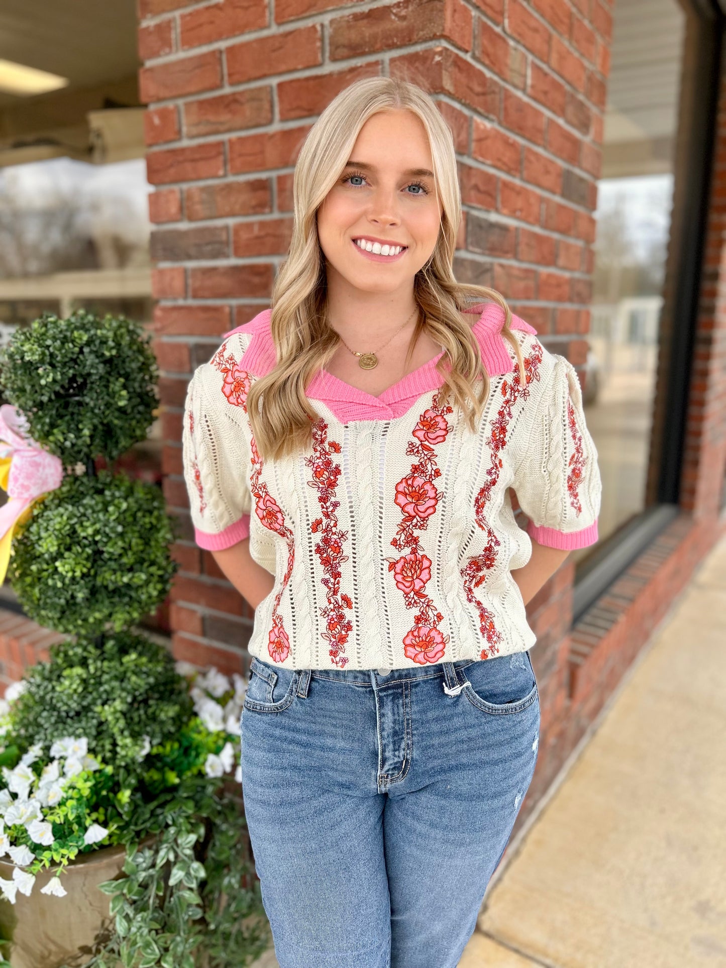 Picture Perfect Floral Embroidery Collared Knit Top