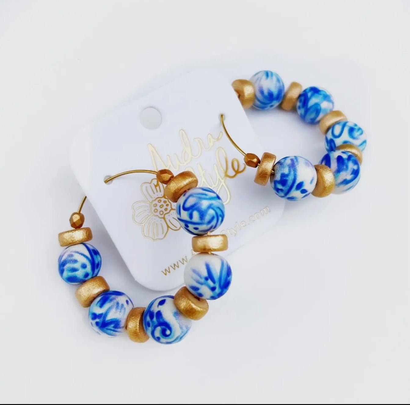 Beaded Blue And White Chinoiserie Statement Hoop Earrings