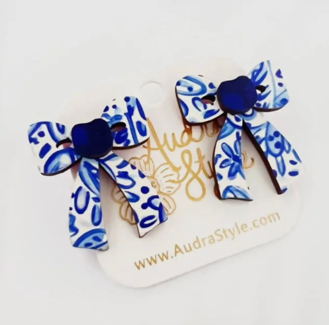 Blue And White Chinoiserie Bow Stud Statement Earrings
