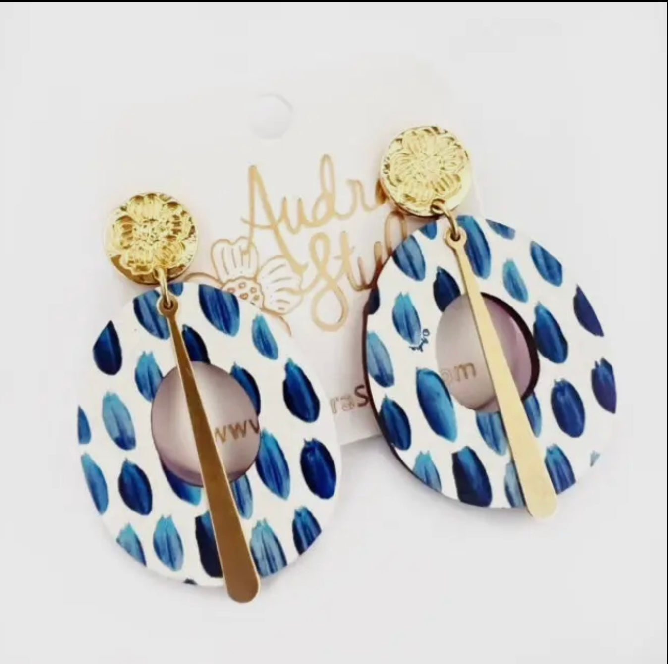 Blue and White Oval Statement Earring