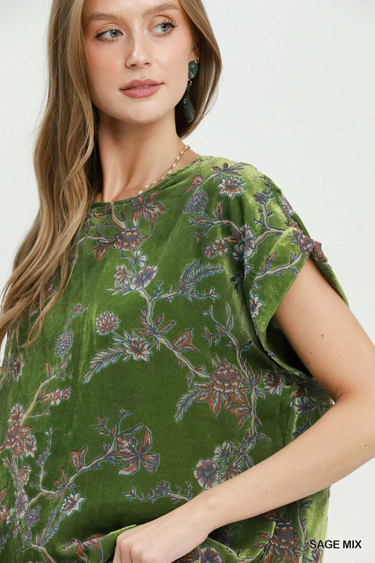 Bonsai Green Velvet Floral Top