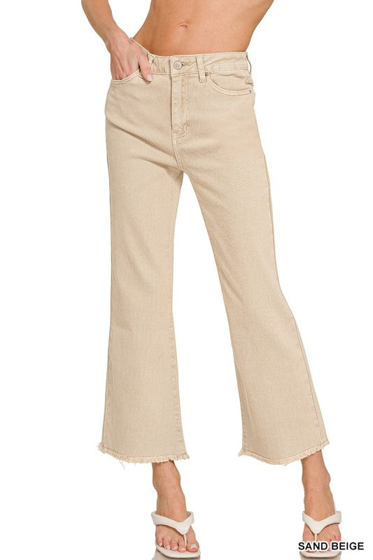 Sand Beige Acid Washed High Waist Frayed Hem Bootcut Pants