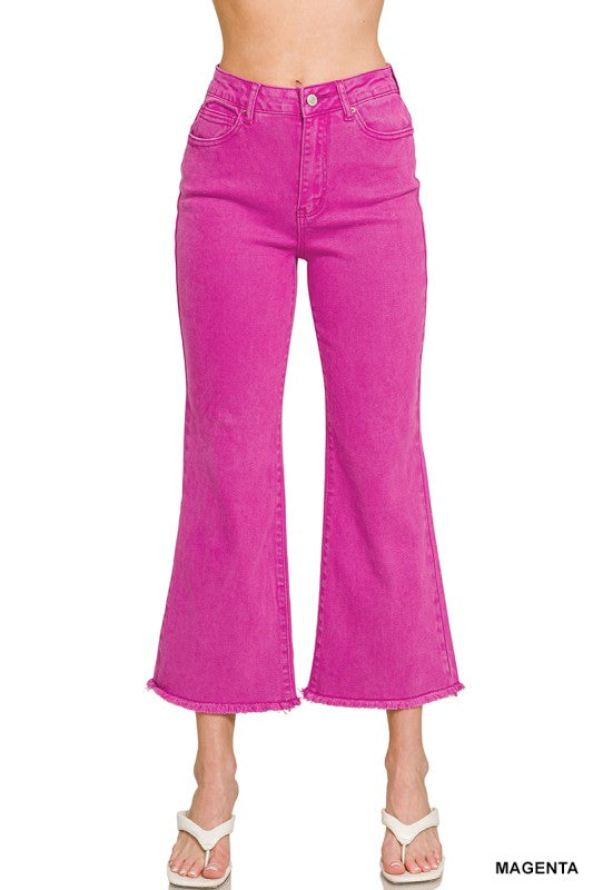 Magenta Acid Washed High Waist Frayed Hem Bootcut Pants
