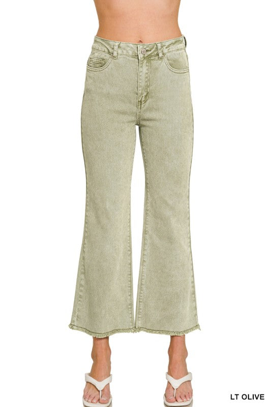 Light Olive Acid Washed High Waist Frayed Hem Bootcut Pants