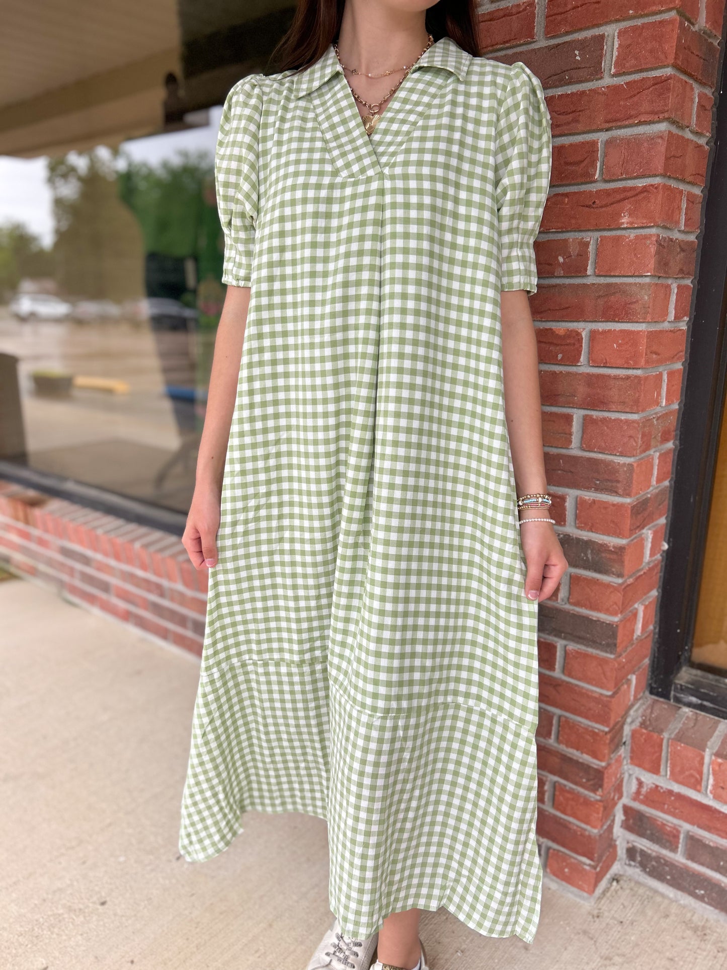 Southern Belle Sage Gingham Midi Dress