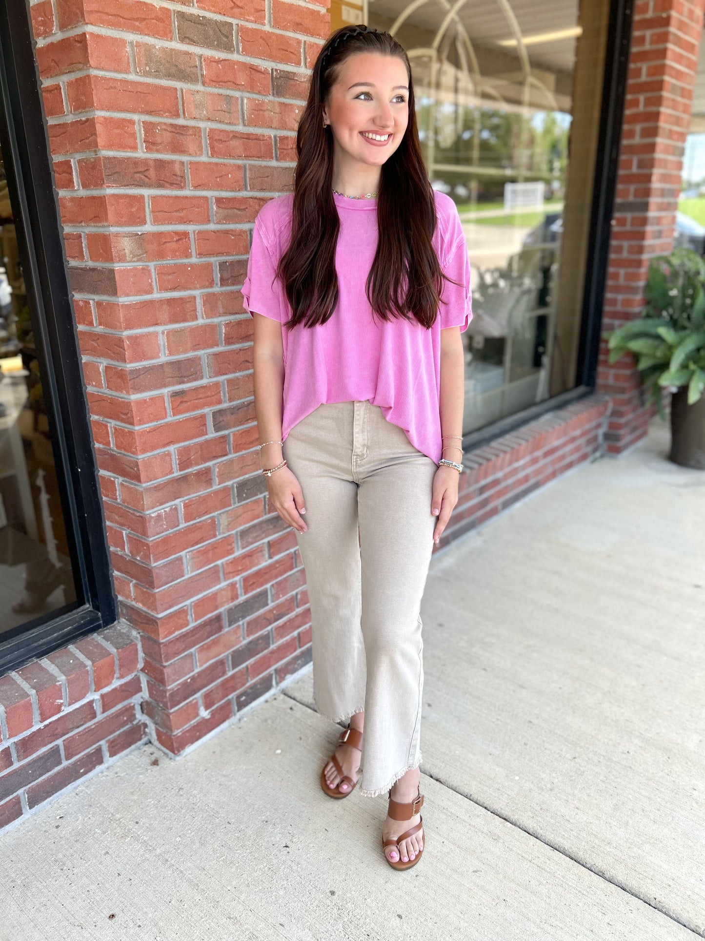 Candy Pink Washed Ribbed Short Sleeve Boat-neck Top