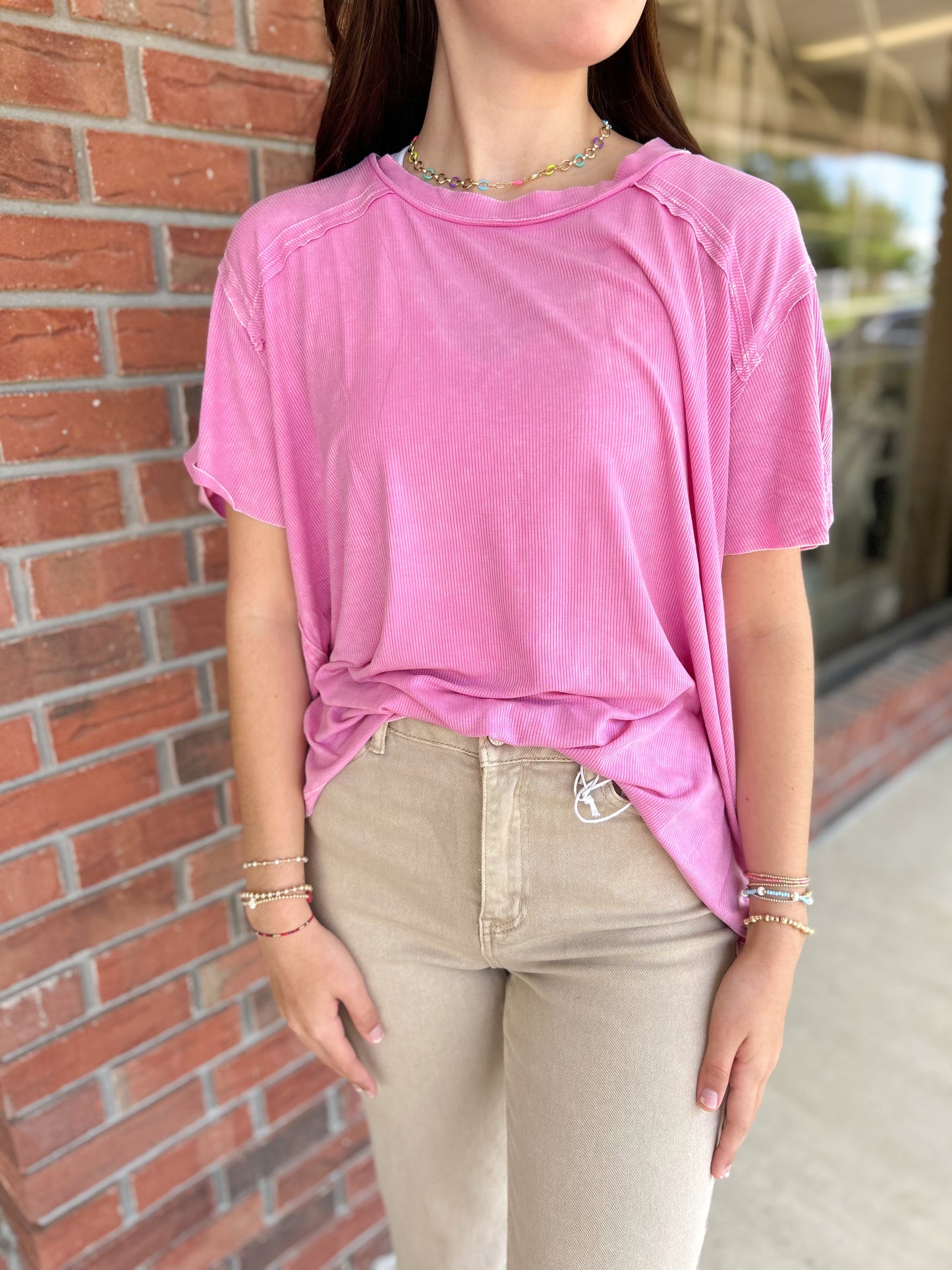 Candy Pink Washed Ribbed Short Sleeve Boat-neck Top