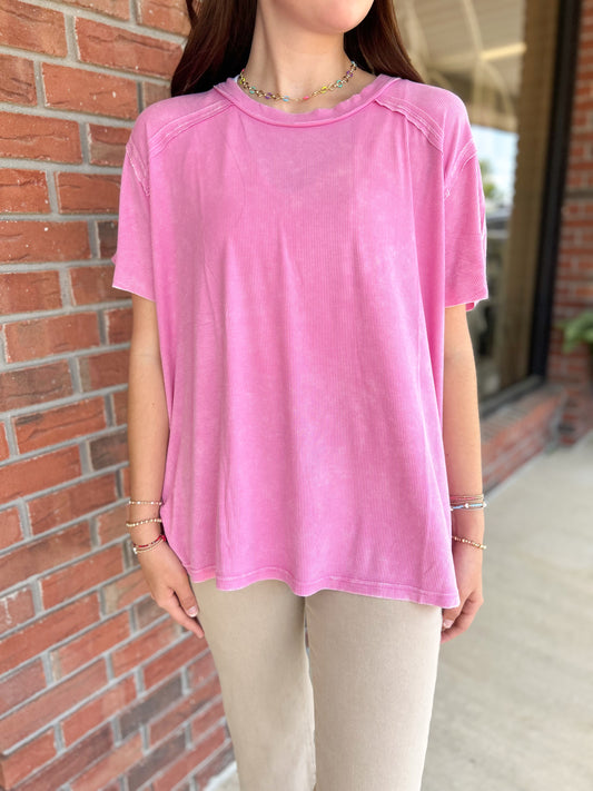 Candy Pink Washed Ribbed Short Sleeve Boat-neck Top