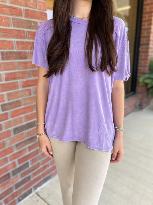 Lavender Washed Ribbed Short Sleeve Boat-neck Top