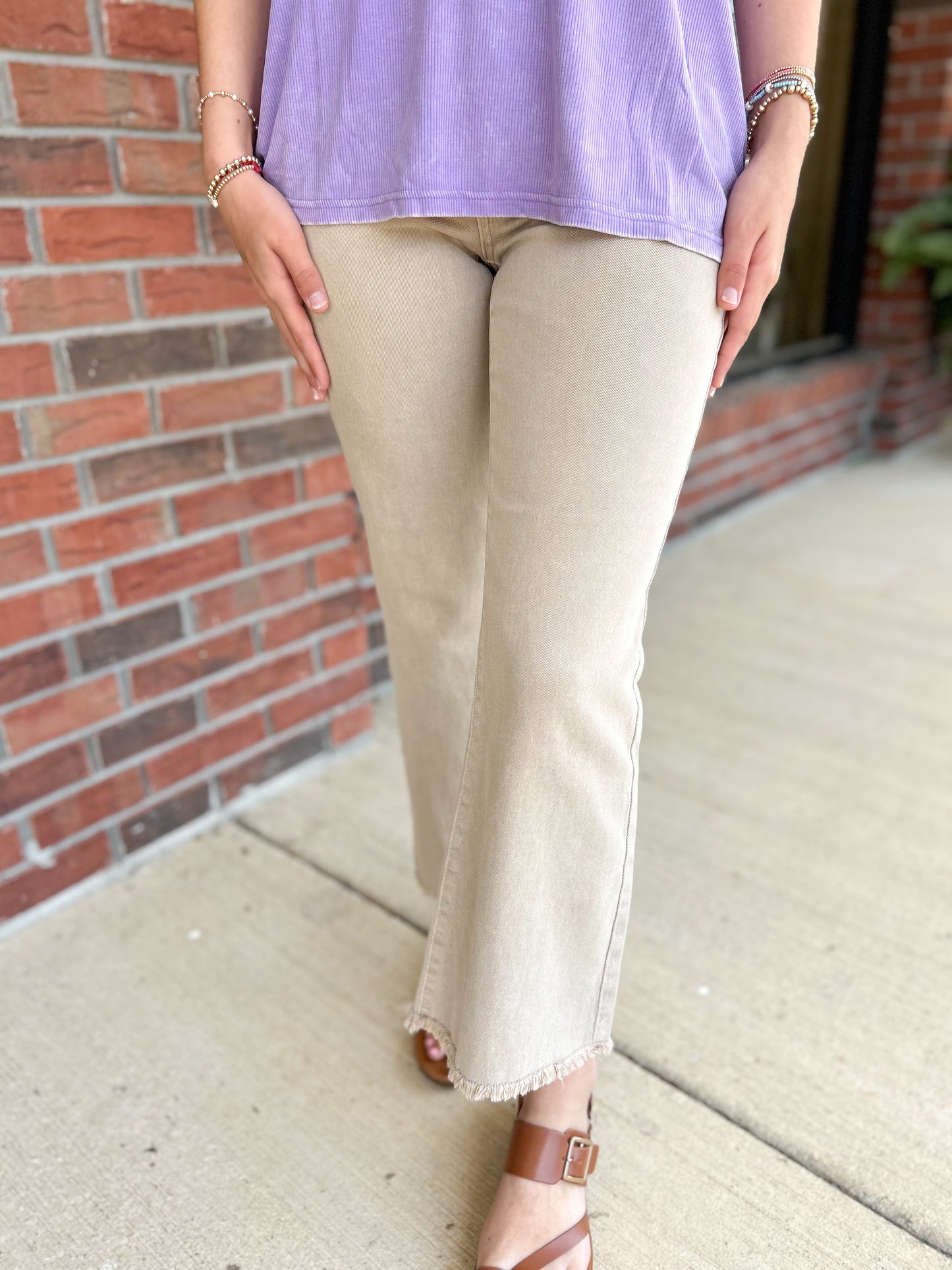 Ash Mocha Acid Washed High Waist Frayed Hem Bootcut Pants
