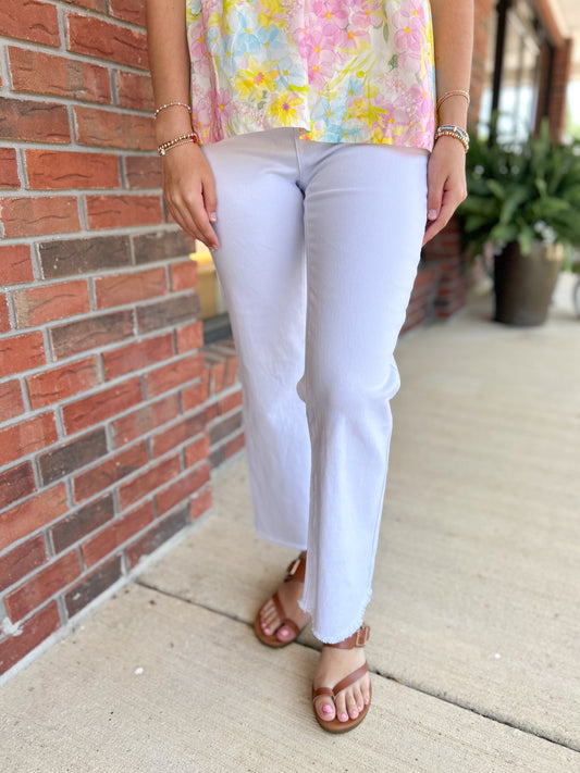 White Acid Washed High Waist Frayed Hem Bootcut Pants
