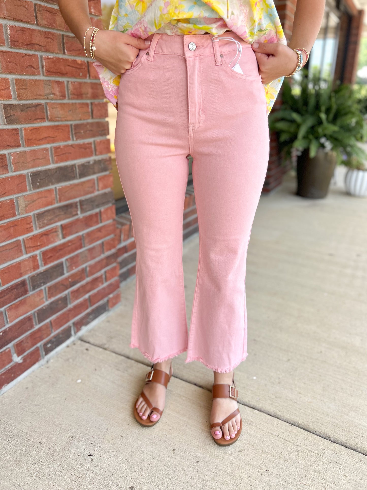Pink Acid Washed High Waist Frayed Hem Bootcut Pants