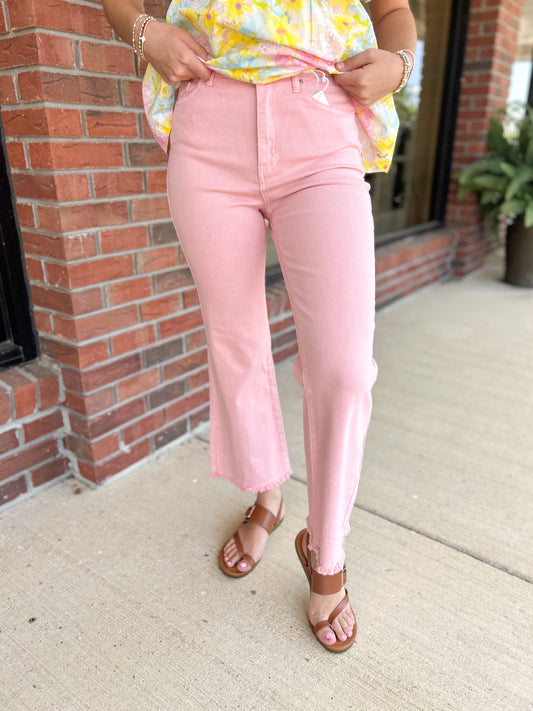 Pink Acid Washed High Waist Frayed Hem Bootcut Pants