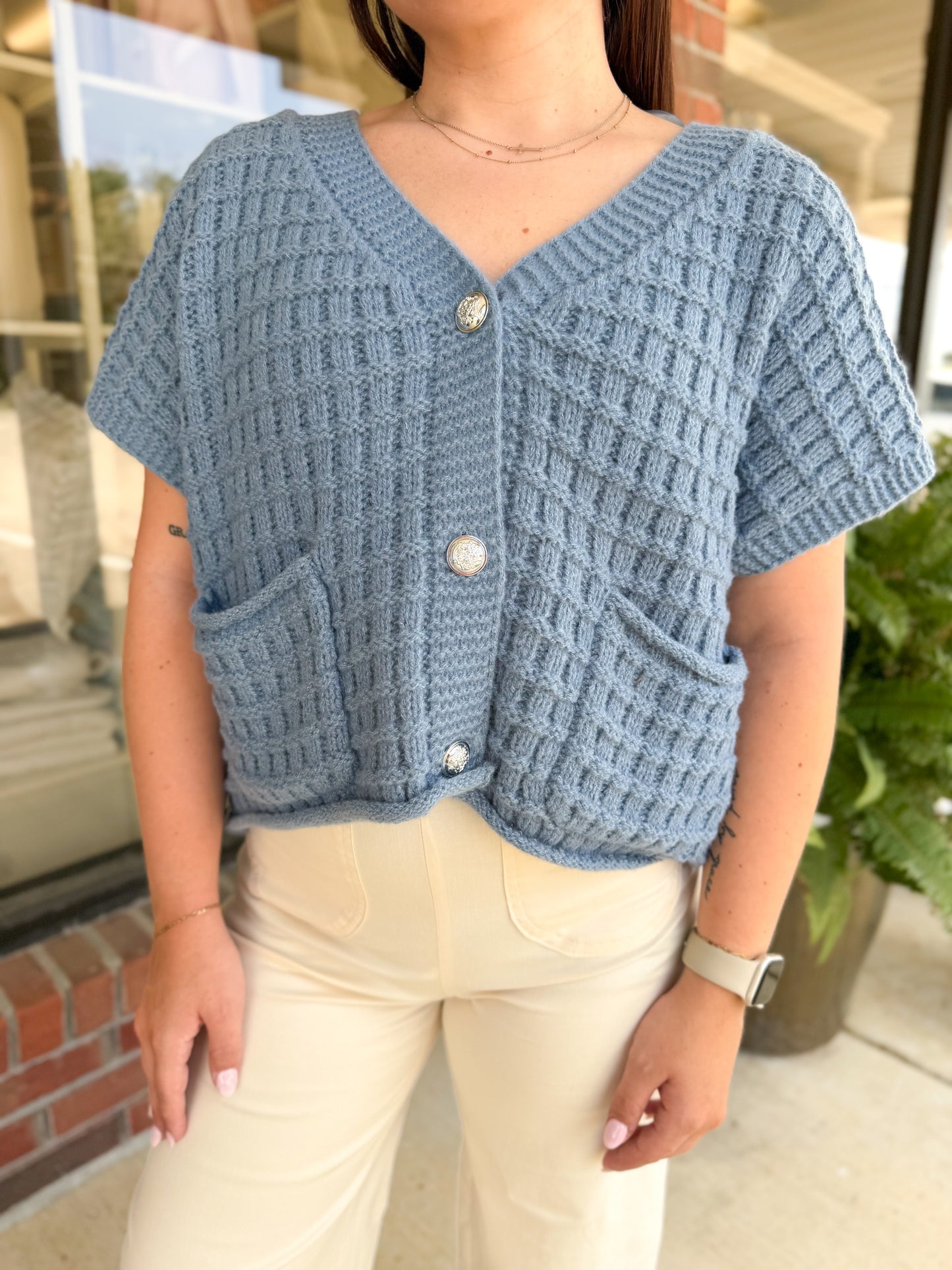 Daphne Dusty Blue Waffle Knit Cardigan