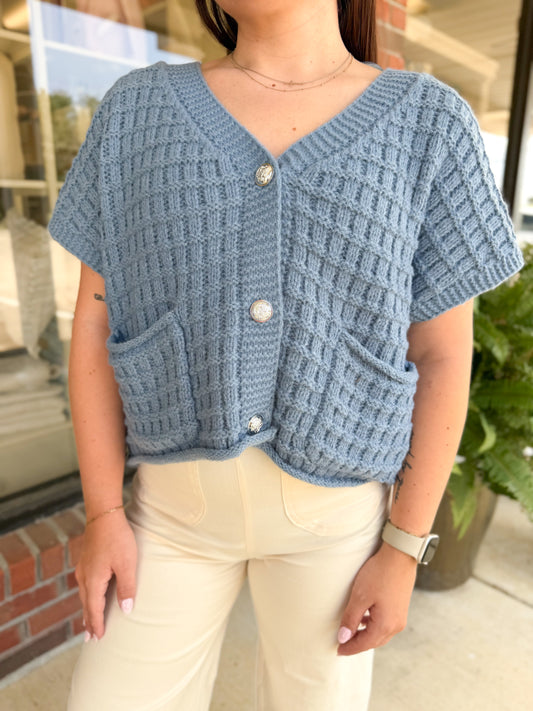 Daphne Dusty Blue Waffle Knit Cardigan
