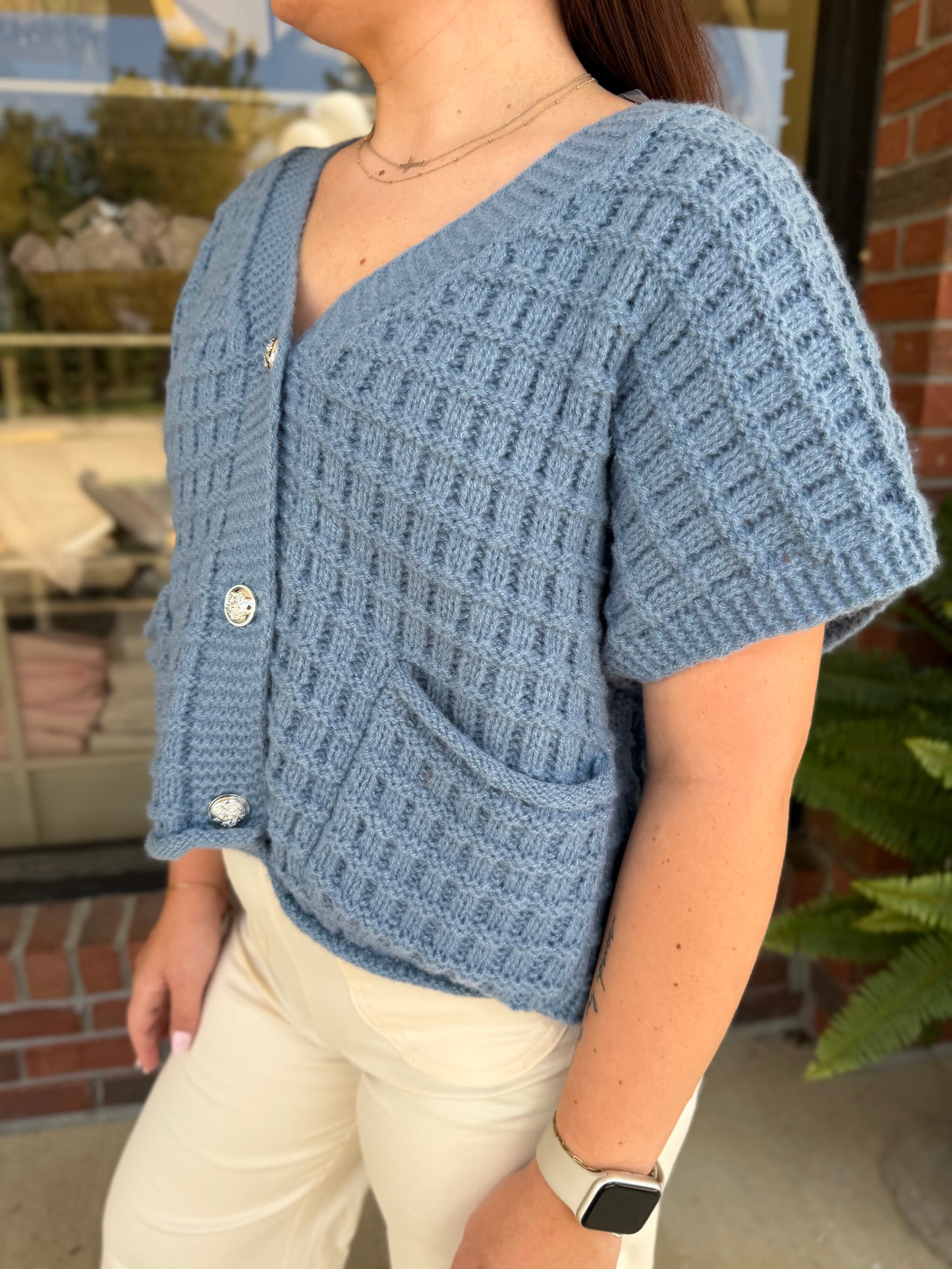 Daphne Dusty Blue Waffle Knit Cardigan