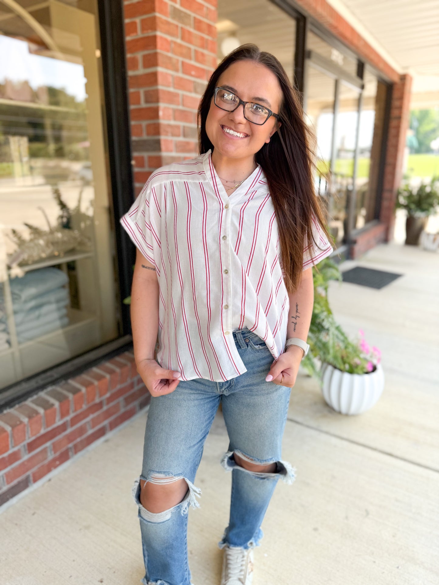Are You Ready Red Pin Stripe Top