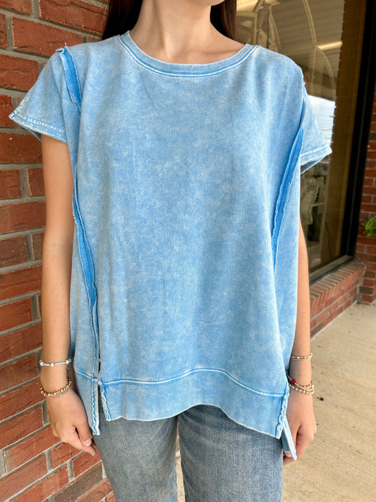 Ocean Blue Snow Washed Oversized Hi-low Top