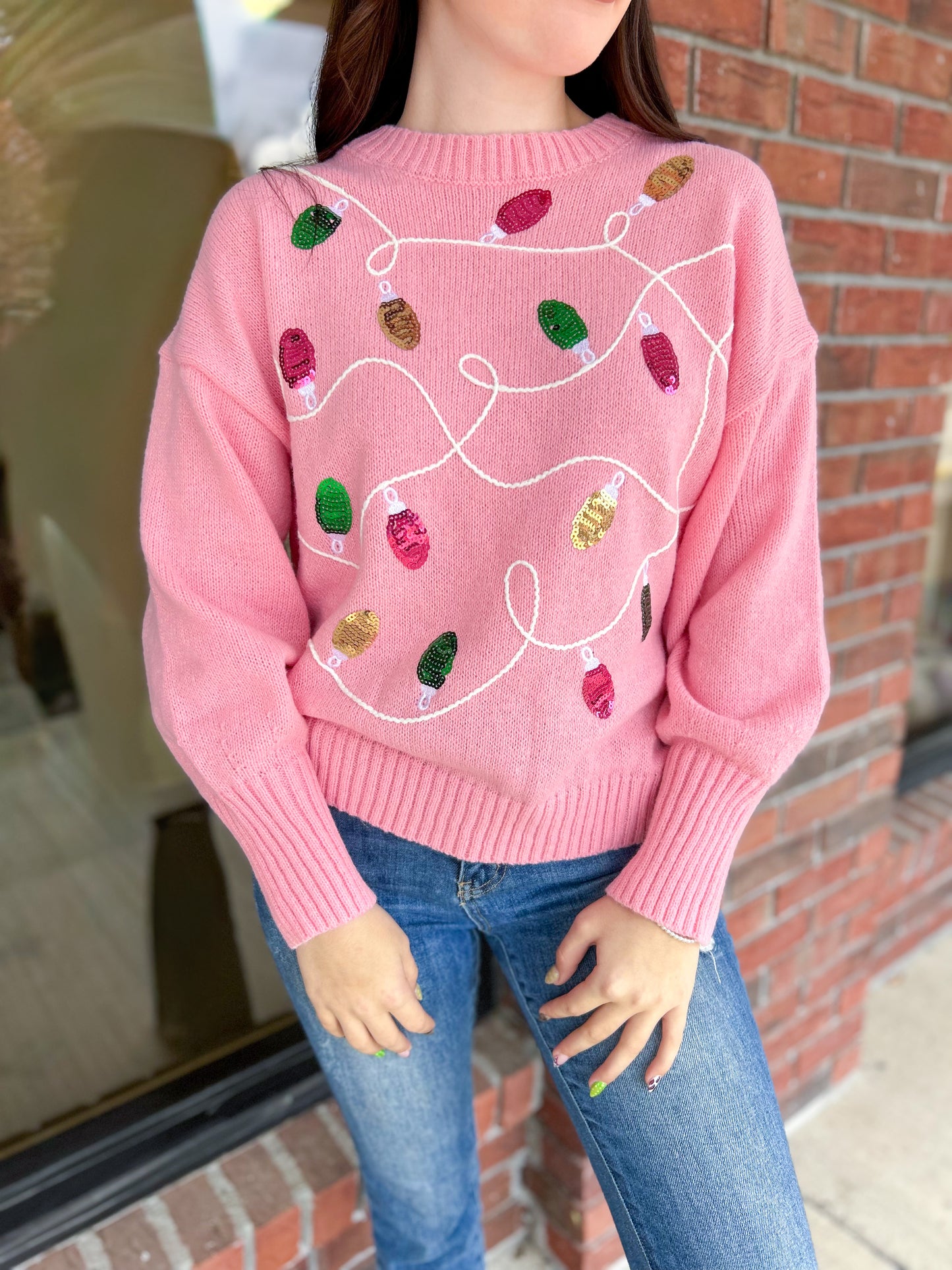 Christmas Lights Pink Sequin Sweater