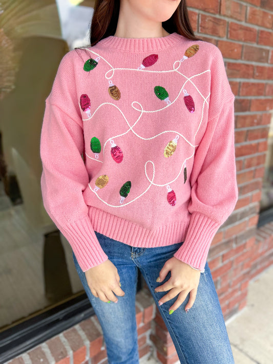 Christmas Lights Pink Sequin Sweater