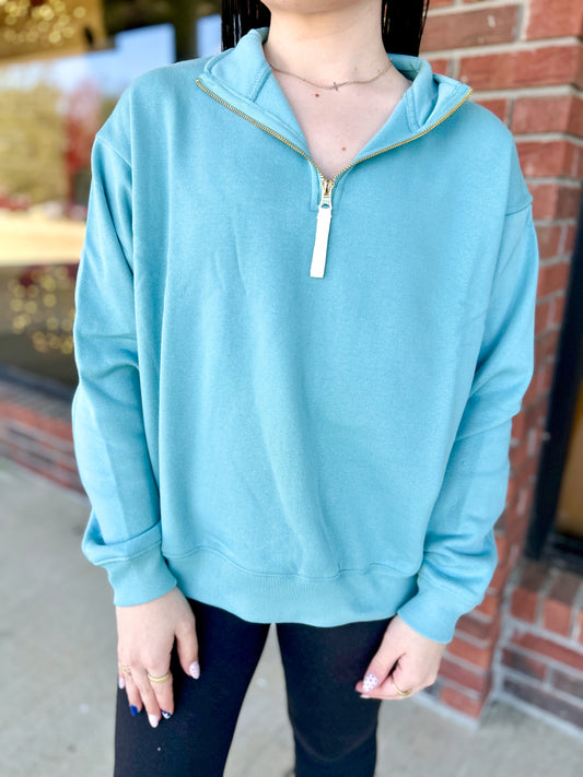 DOOR BUSTER: Dusty Teal Fleece Half Zip Sweatshirt