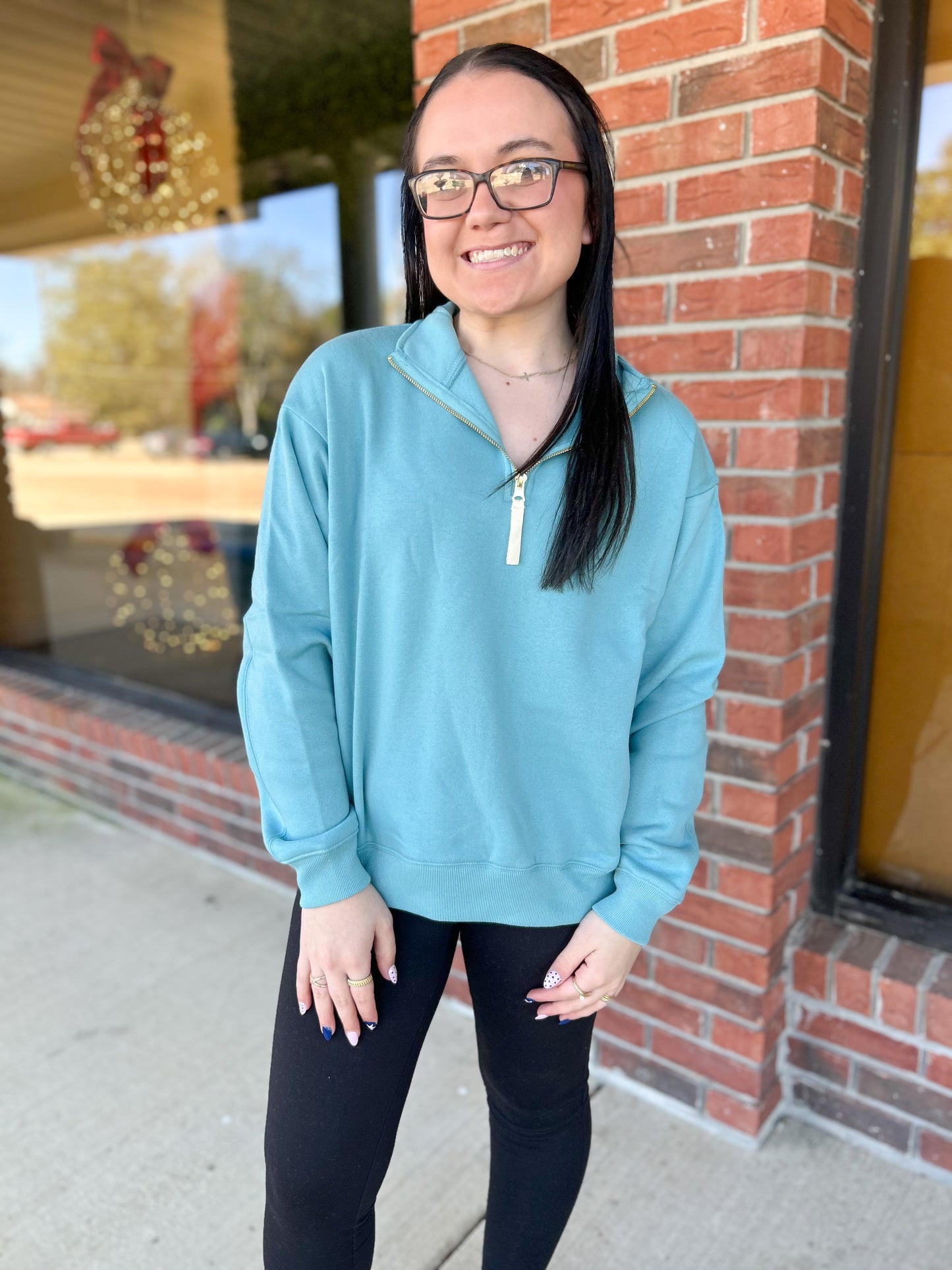DOOR BUSTER: Dusty Teal Fleece Half Zip Sweatshirt