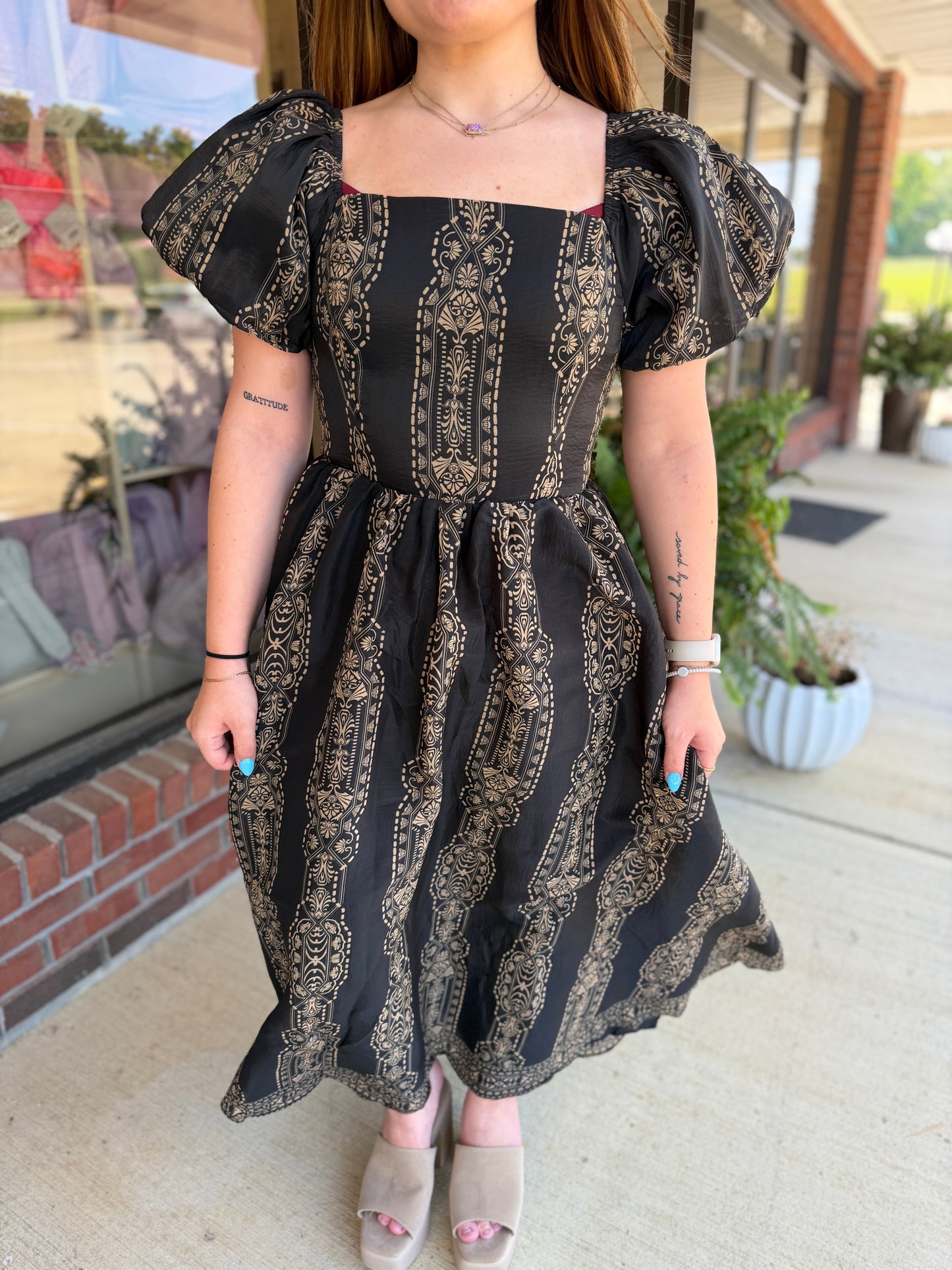Kate Black and Taupe Woven Midi Dress
