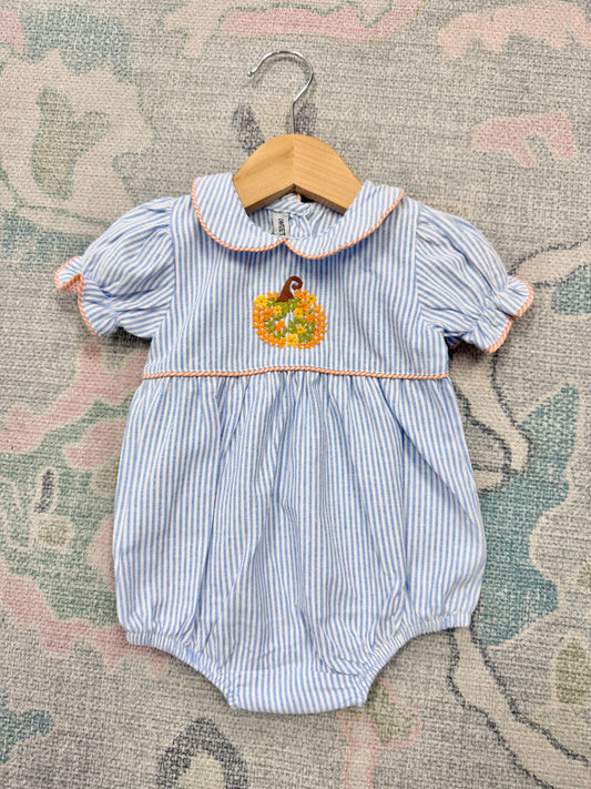 Girl's Pumpkin Embroidered Blue Stripe Bubble
