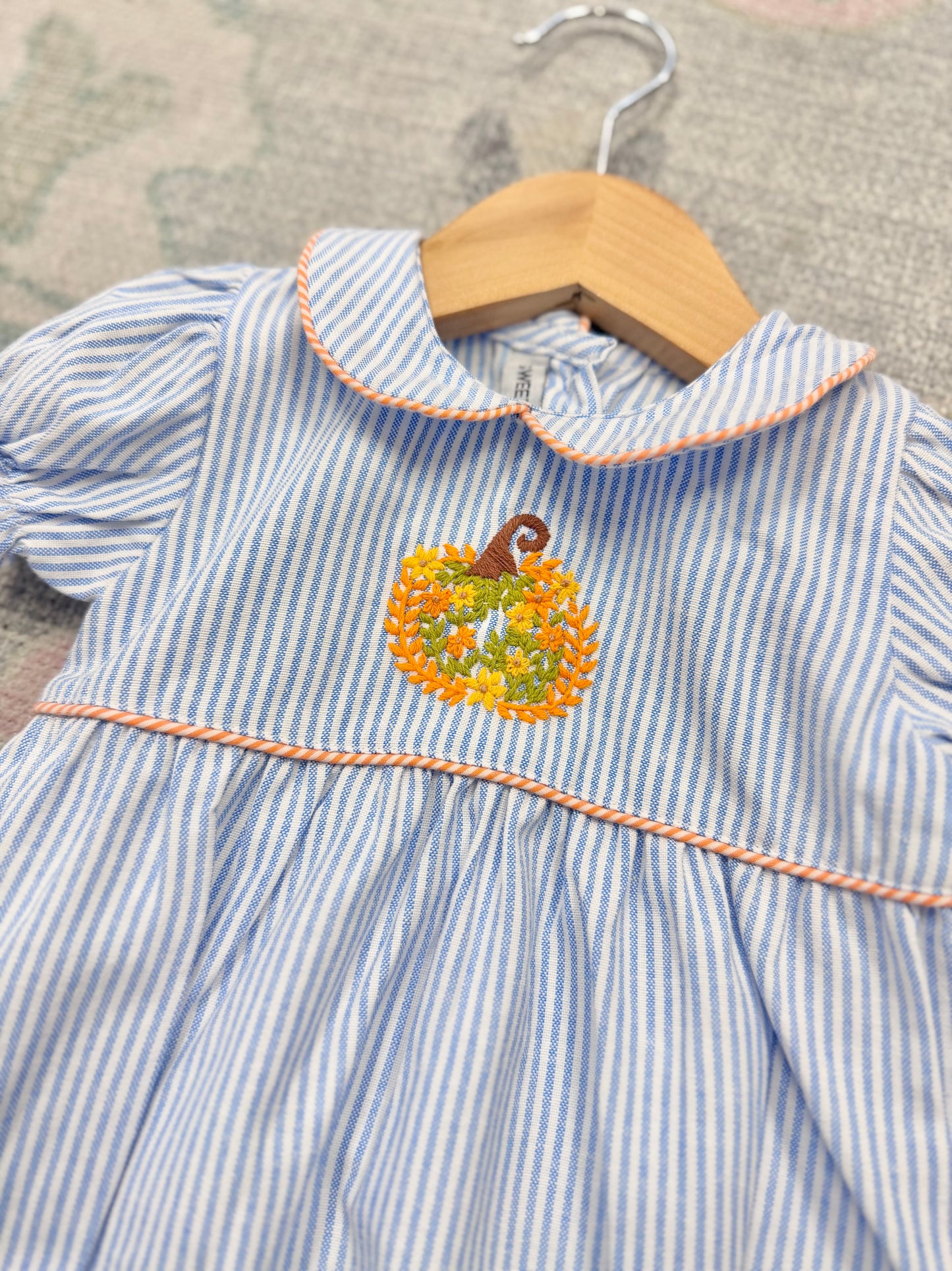 Girl's Pumpkin Embroidered Blue Stripe Bubble