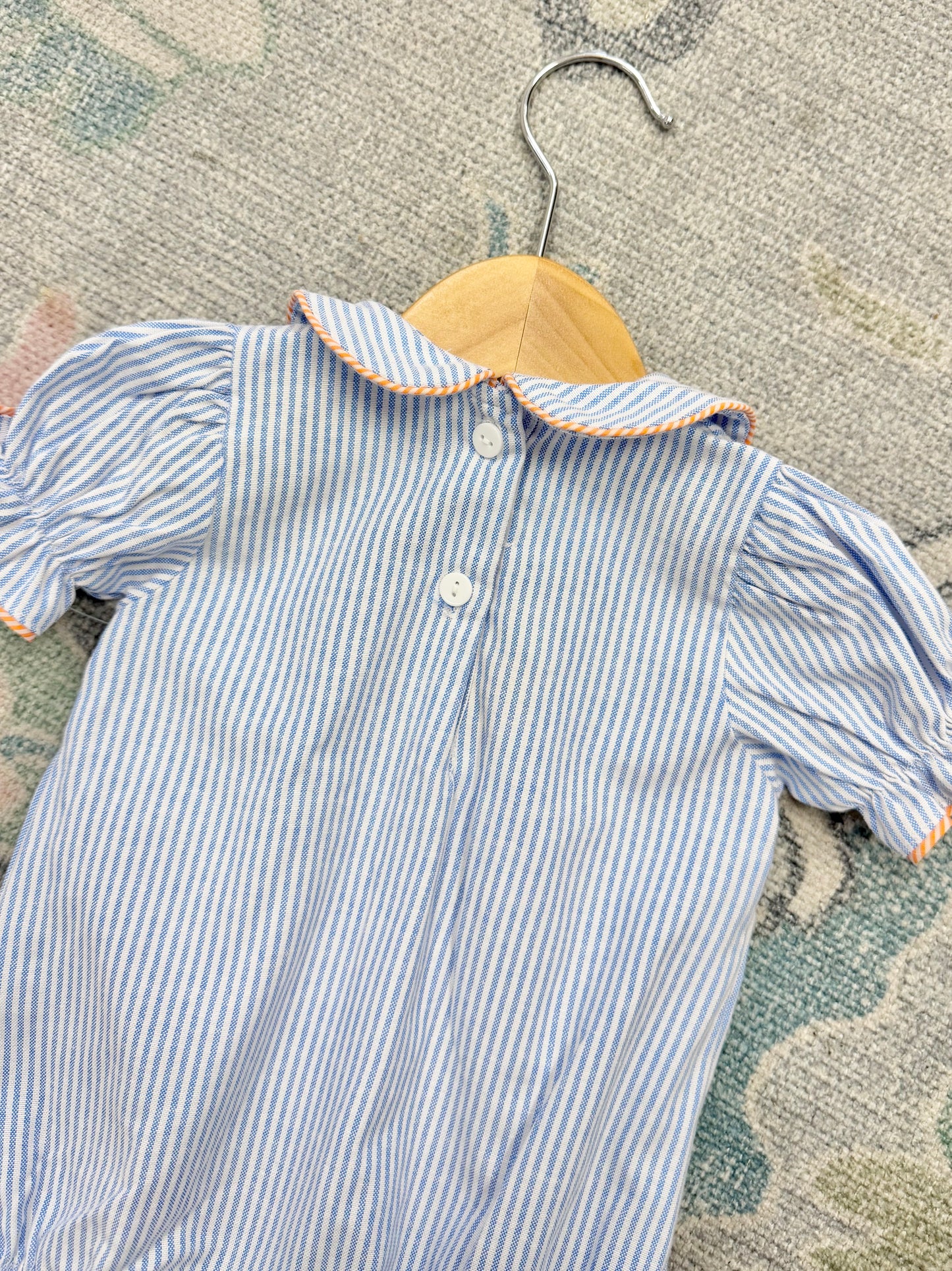 Girl's Pumpkin Embroidered Blue Stripe Bubble