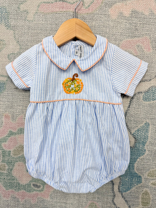 Boy's Pumpkin Embroidered Blue Stripe Bubble