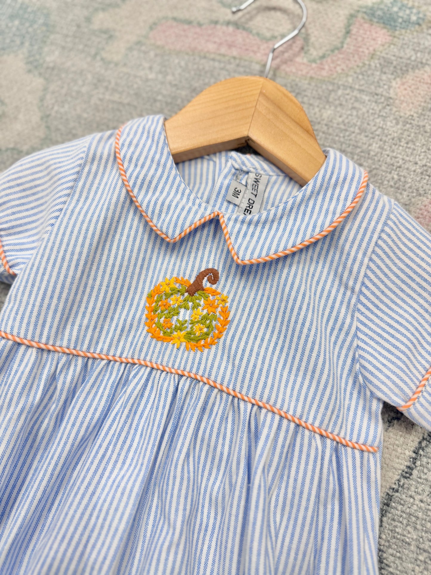 Boy's Pumpkin Embroidered Blue Stripe Bubble