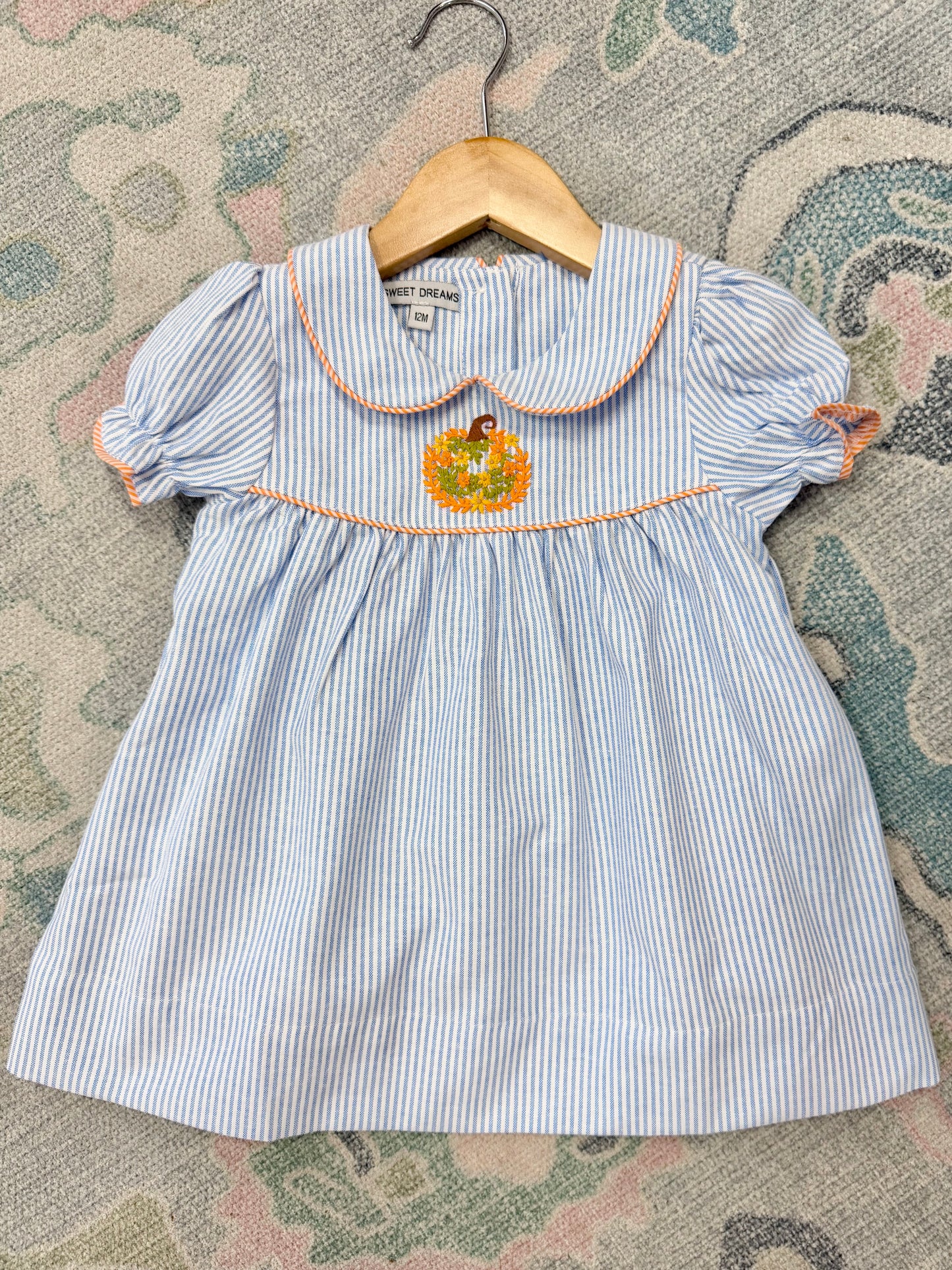 Pumpkin Embroidered Blue Stripe Dress