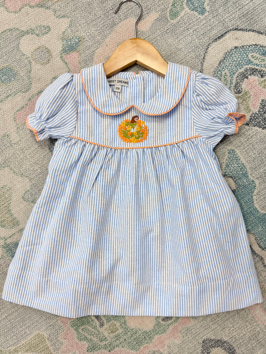 Pumpkin Embroidered Blue Stripe Dress