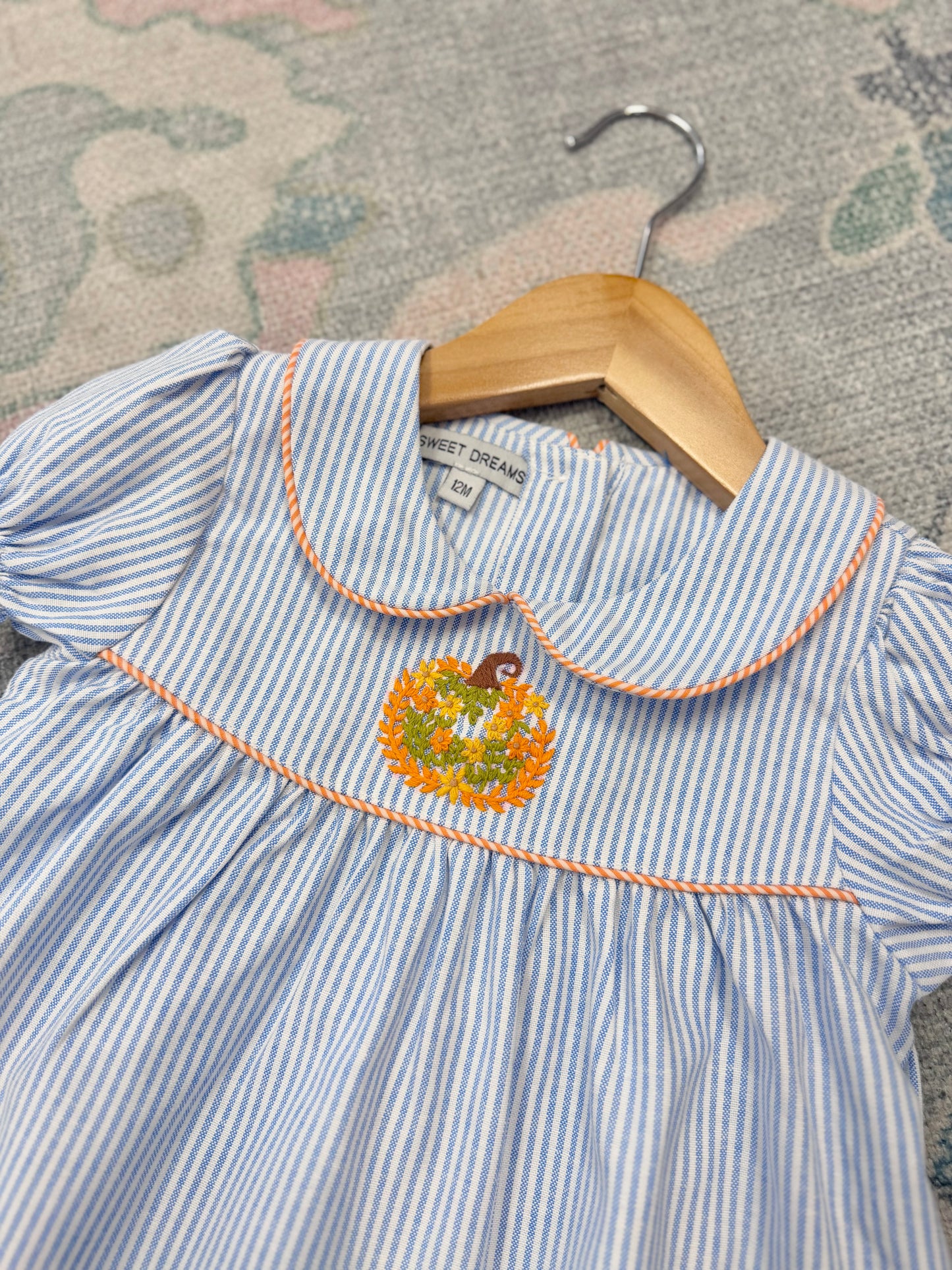Pumpkin Embroidered Blue Stripe Dress