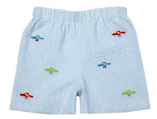 Light Blue Stripe Seersucker Airplane Leo Shorts