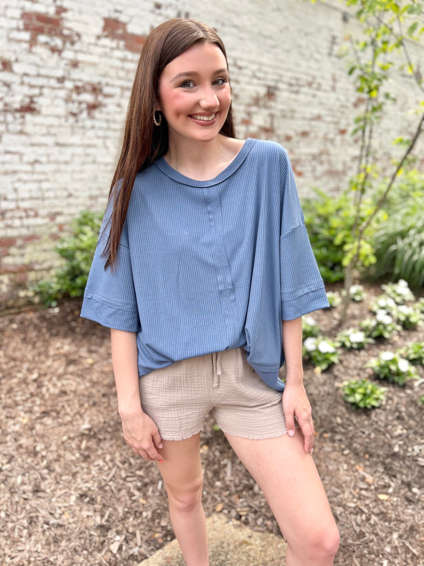 Dusty Blue Ribbed Boat Neck 3/4 Sleeve Top