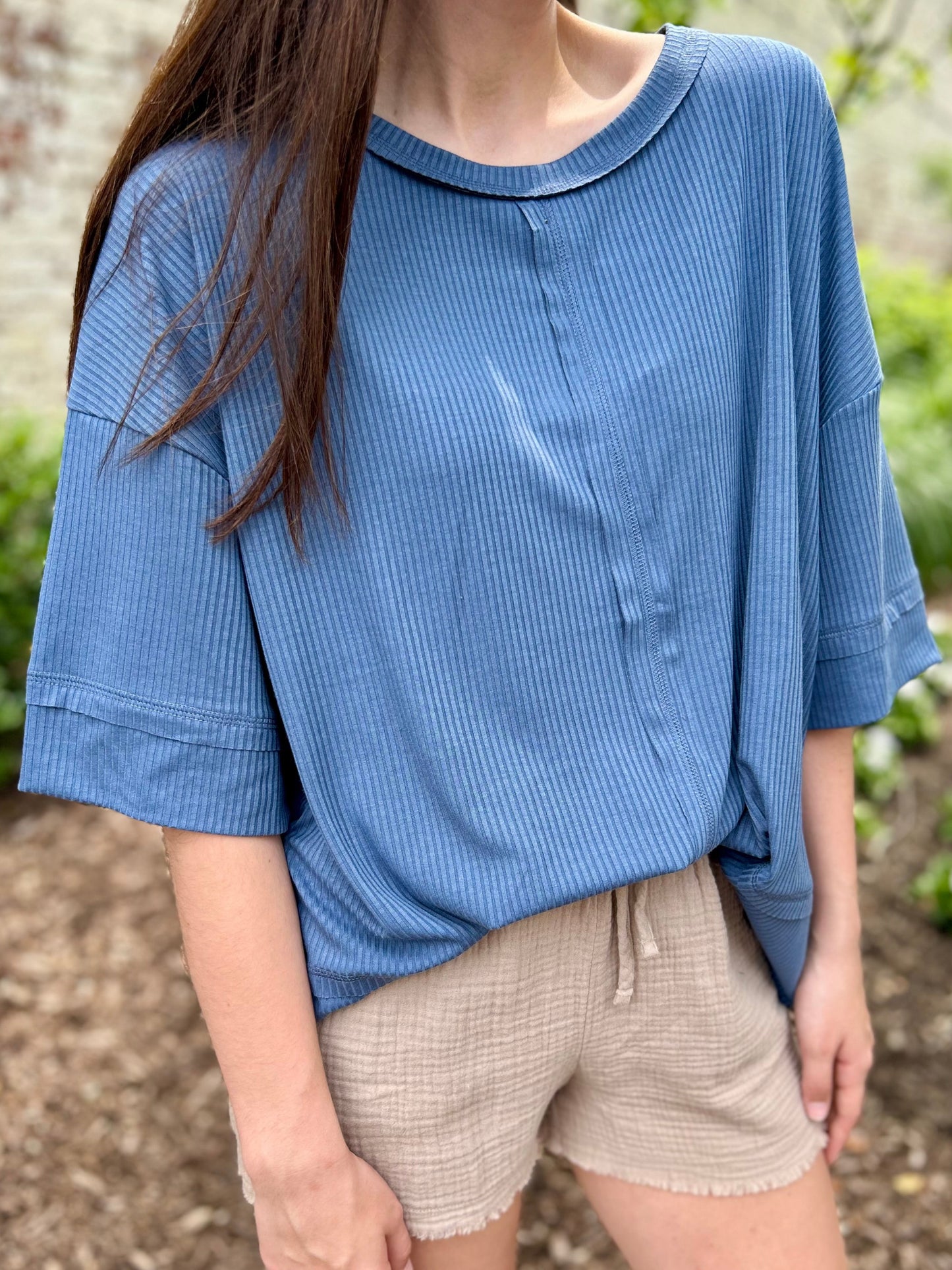 Dusty Blue Ribbed Boat Neck 3/4 Sleeve Top