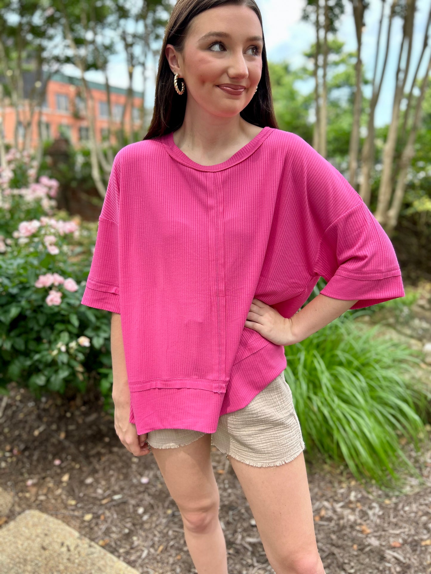 Fuchsia Ribbed Boat Neck 3/4 Sleeve Top