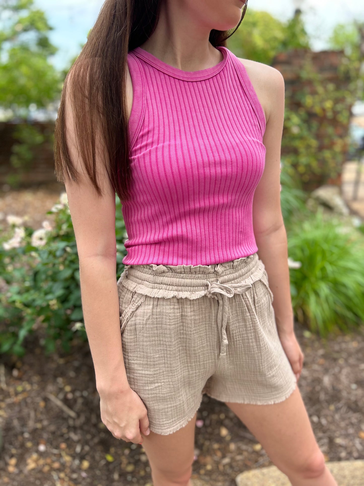 Light Mocha Double Gauze Drawstring Shorts