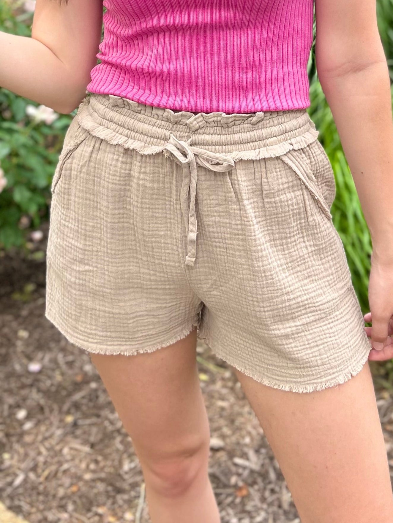 Light Mocha Double Gauze Drawstring Shorts