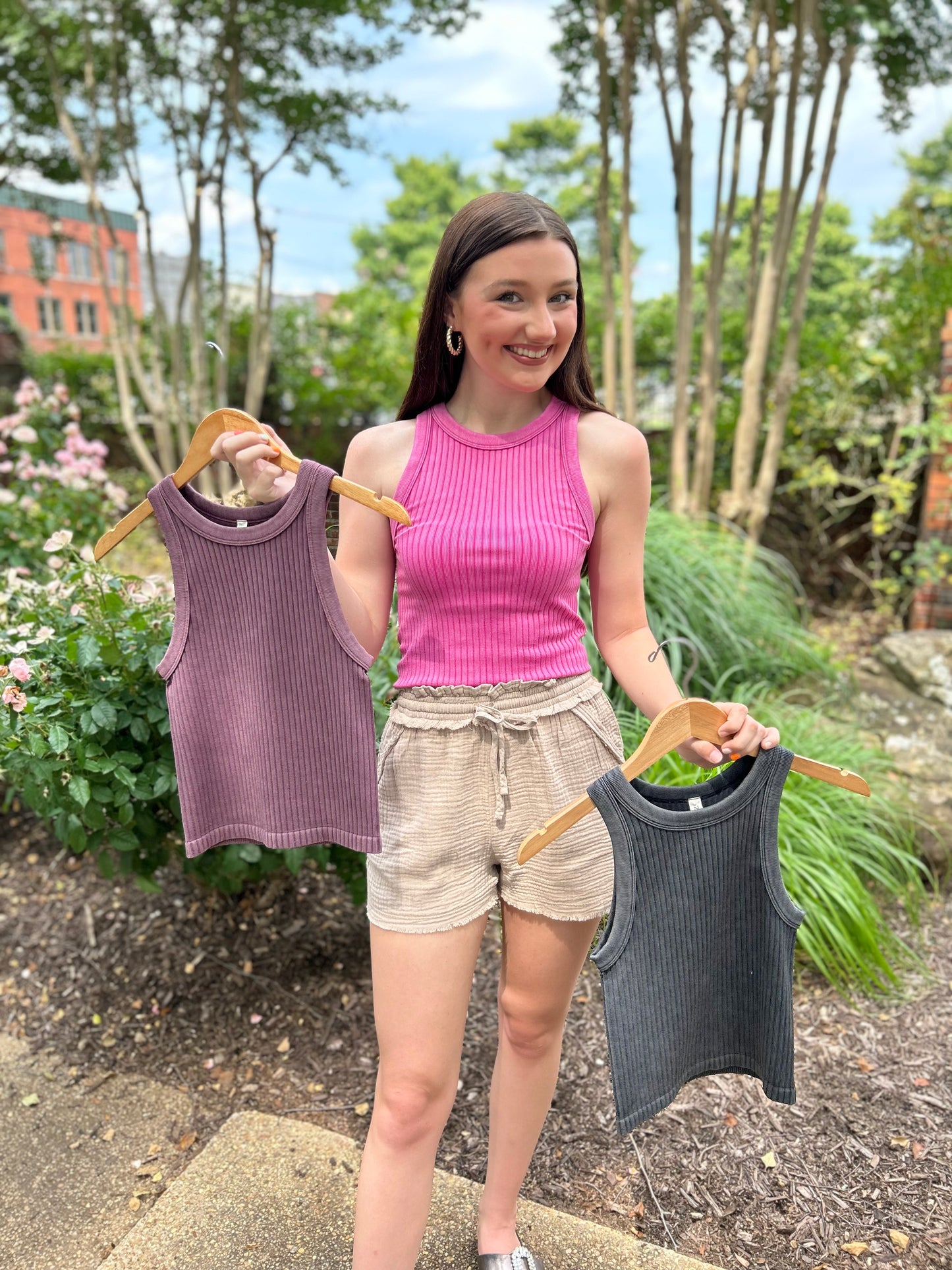 Hot Pink Ribbed Washed Seamless Tank Top