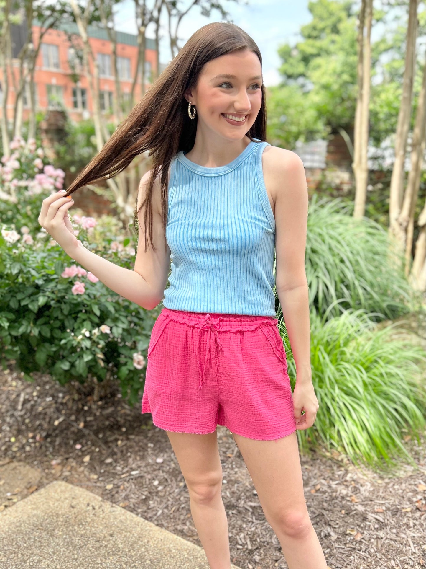 Fuchsia Double Gauze Drawstring Shorts