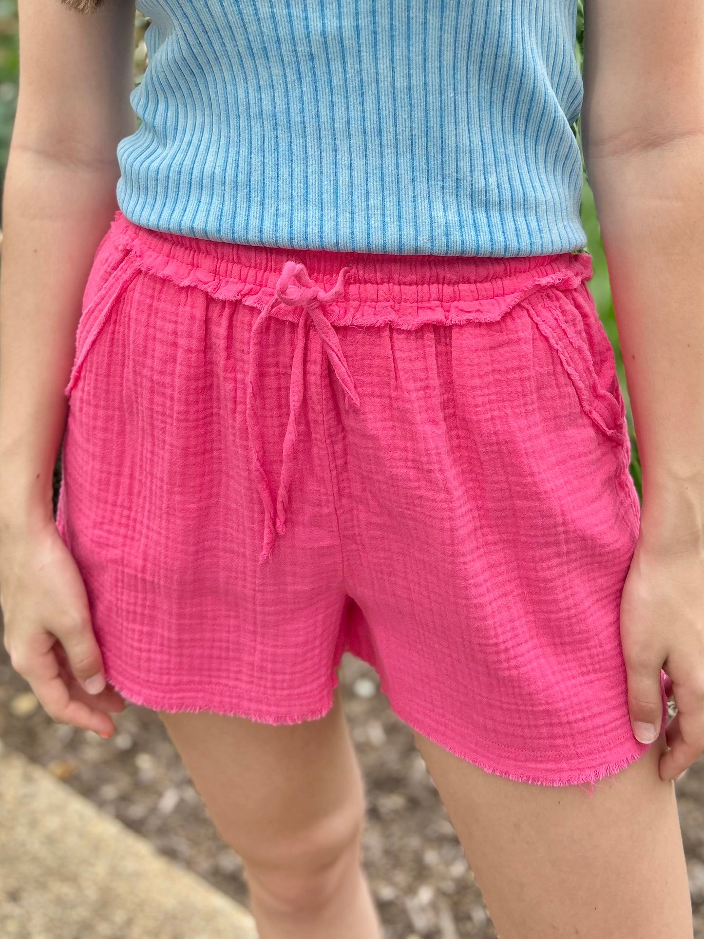 Fuchsia Double Gauze Drawstring Shorts