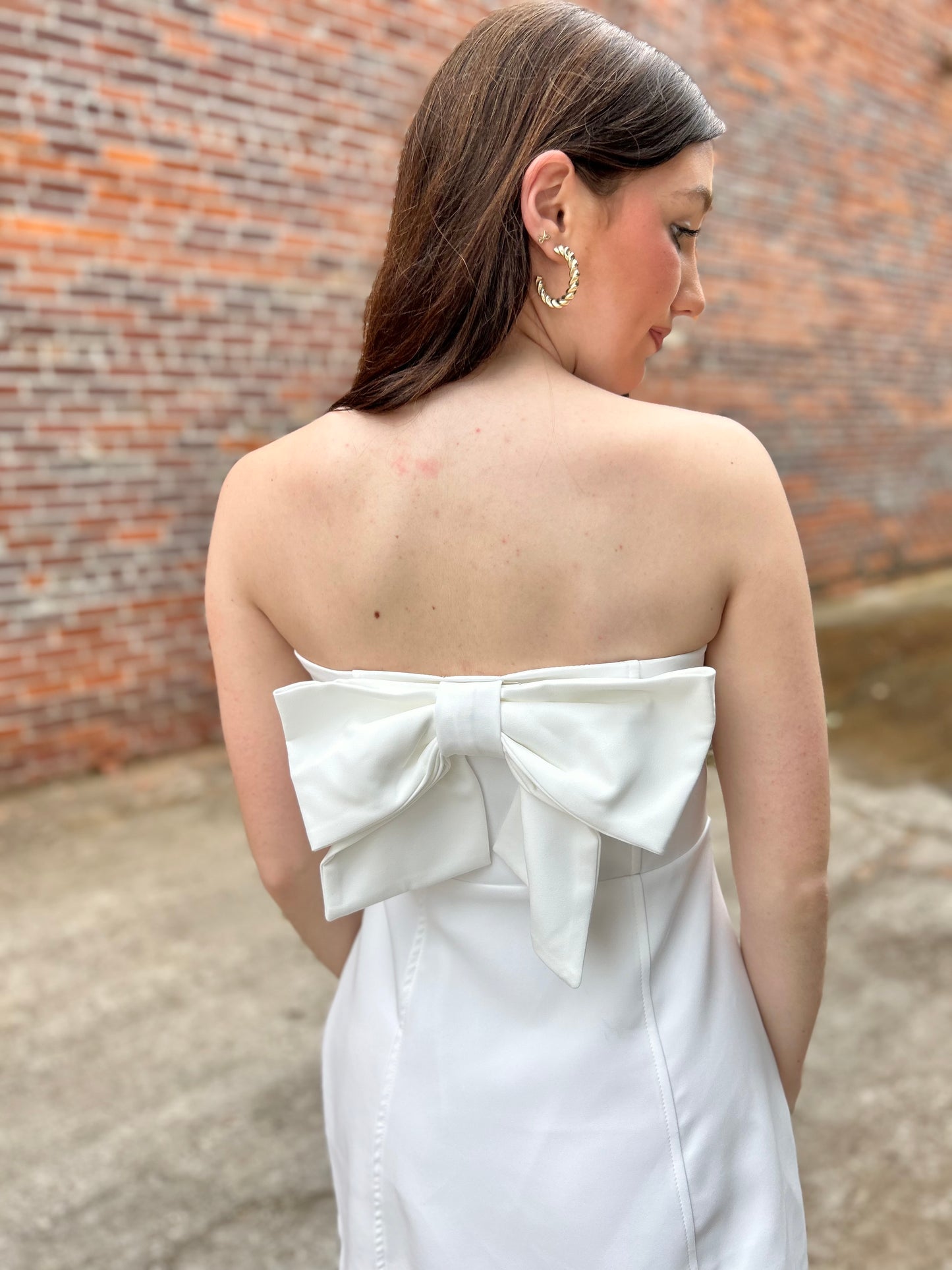 Genevieve Strapless White Bow Detail Dress