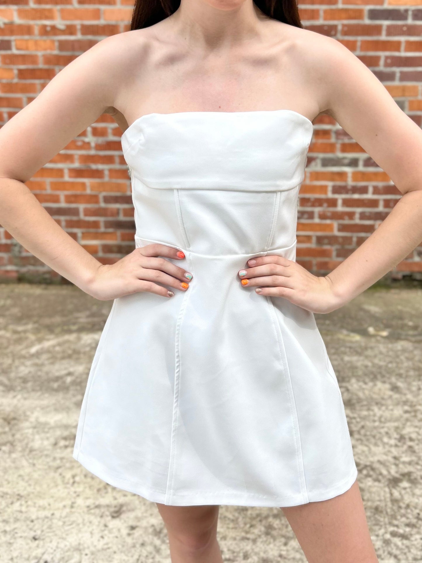 Genevieve Strapless White Bow Detail Dress